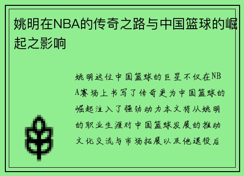 姚明在NBA的传奇之路与中国篮球的崛起之影响